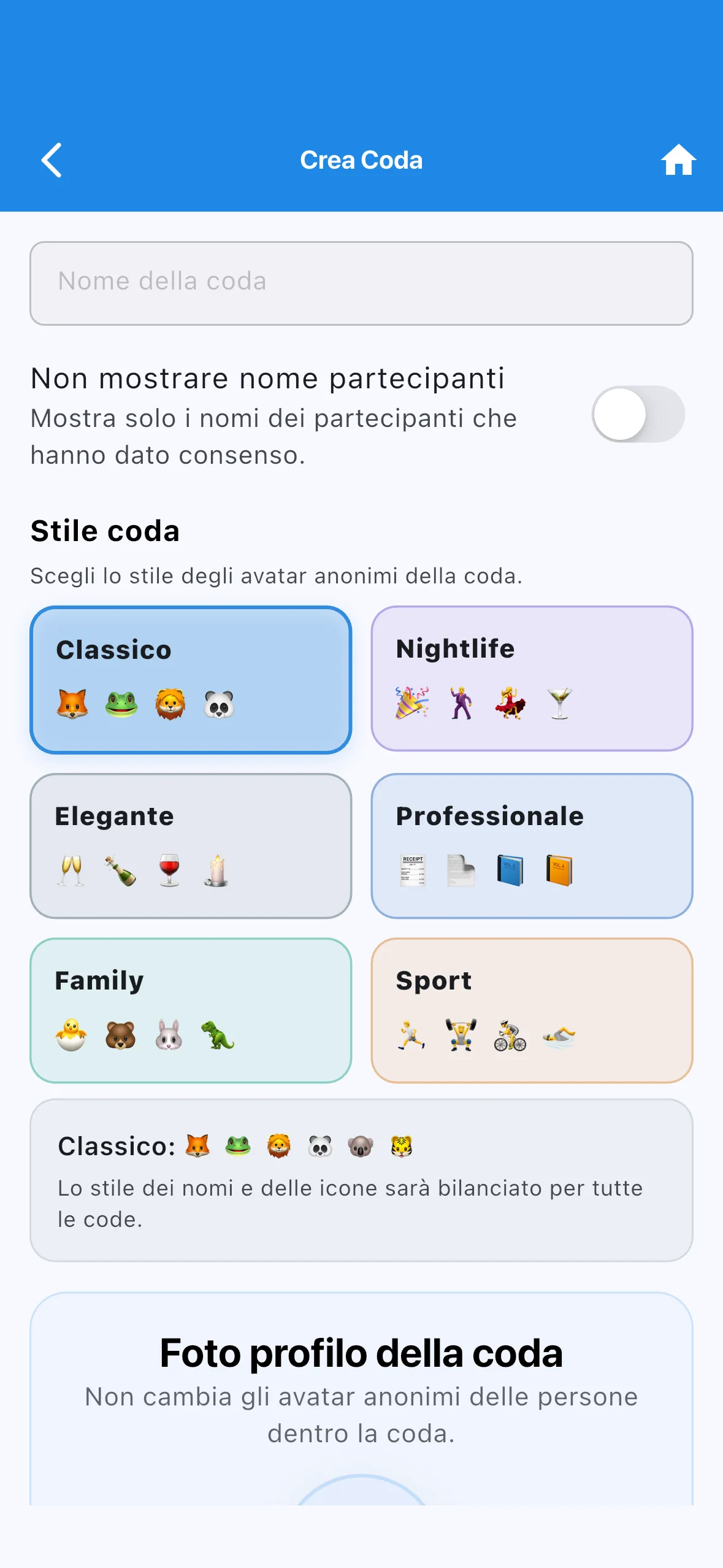 Schermata Crea coda
